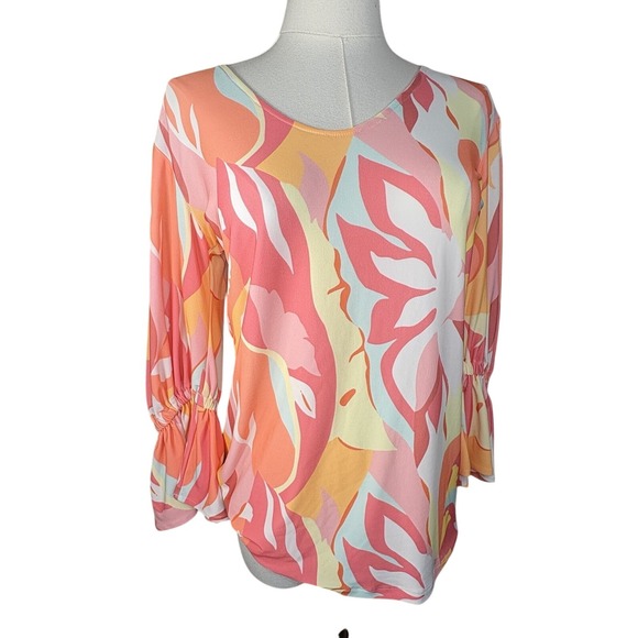 Tops - NWT Julian Chang Women Sz S Neon Sherbet Cinch Sleeve Abstract Print Blouse Top